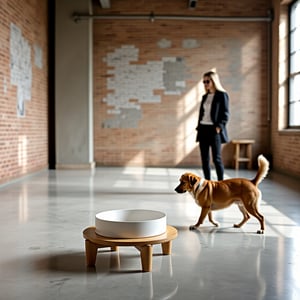 spacious, minimalist loft with high ceilings and exposed brick walls. There’s this sleek ceramic dog bowl on the polished concrete floor, looking all stylish with a bamboo stand and natural light gently illuminating the space. A stylish woman stands nearby, smiling as her dog approaches.