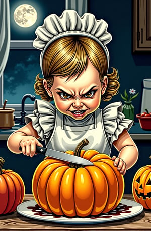 A baby girl 4 years old,  Fierce,  vintage,  2d,  pin-up,  ink,  watercolor,  mail art,  best quality,  kitchen room,  fierce cooking,  close up mad young Fierce housewife with big knife furiously attacking a head of big pumpkin . detailed extremely furious face expression,  dynamic pose,  kitchen,  table,  window,  moonlight,  Norman Rockwell,  Craola,  Dan Mumford,  Andy Kehoe,  Miyazaki,  flat,  cute,  adorable,  storybook detailed illustration,  ultra highly detailed,  tiny details,  beautiful details,  mystical,  luminism,  vibrant colors,  complex background