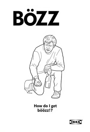 This image is a black-and-white line drawing, styled as a product listing for IKEA, featuring a cartoon man holding a GPU. The drawing is digital and features a detailed illustration of a man kneeling over in pain, holding his GPU. . The background is plain white, with the IKEA logo and "BÖÖZZ" in bold, uppercase letters at the top. Text underneath: "How do I get böözz!?"