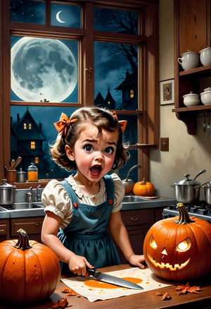 A baby girl 4 years old,  Fierce,  vintage,  2d,  pin-up,  ink,  watercolor,  mail art,  best quality,  kitchen room,  fierce cooking,  close up mad young Fierce housewife with big knife furiously attacks a head of big pumpkin . detailed extremely furious face expression,  dynamic pose,  kitchen,  table,  window,  moonlight,  Norman Rockwell,  Craola,  Dan Mumford,  Andy Kehoe,  Miyazaki,  flat,  cute,  adorable,  storybook detailed illustration,  ultra highly detailed,  tiny details,  beautiful details,  mystical,  luminism,  vibrant colors,  complex background