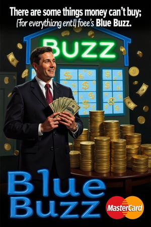 Parody advertisement with the tagline: "There are some things money can't buy; for everything else, there's Blue Buzz." The scene features a businessman in a suit holding a lot of money while standing beside an over-the-top neon "Buzz Bank" sign, filled with glowing, exaggerated currency symbols. In the background, stacks of buzz coins are scattered around as if they're piling up. The Mastercard logo is prominently displayed in the lower corner, with the tagline beneath it in bold lettering. oil painting