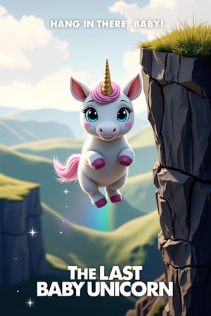 mvpstr. Epic Movie poster for "The Last Baby Unicorn", featuring A cute, wide-eyed baby unicorn with pastel-colored fur and a tiny horn hanging precariously to the edge of a cliff, about to fall off. In the background, a whimsical, mystical landscape is visible, with gentle hills, magical sparkles, and a faint rainbow. tagline at the top reads: "Hang in there, baby!"  At the bottom, add the film title, "The Last Baby Unicorn," in a playful, fantasy-style font that complements the lighthearted tone.