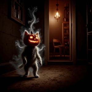 Professional film grain horror photography of a dark cursed kitten wearing with a pumpkin head.
smoke and gas spirit rising up.  The kitten is Trick-or-treating outside of a door.  horror scary glowing