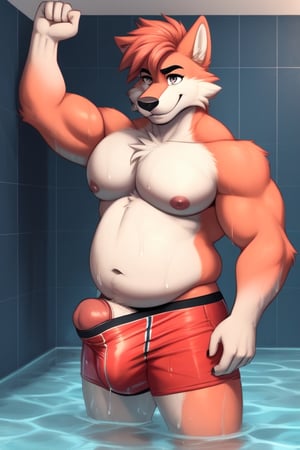 Anthropomorphic, coral_color_fur, coral eyes, male, slightly_chubby, lowered underpants, large juicy pecs, wet body, wet underpants, vulgar pose, large penis from panties