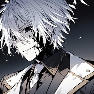 (male): solo, (perfect face), date a live, detailed outfit, (30 years old), (man), messy white hair, black eyes, thin eyes, smirk, black business suit, white tie, (black halo), pale skin (background): indoor, black walls, office, dead eyes (effects): (masterpiece), illustration, portrait, tsunako, (best quality), (sharp focus), (depth of field), (high res)