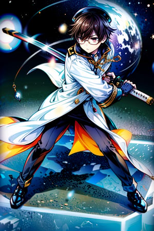 Hight Detailed, Hight Quality, Masterpiece,Beatifull,(Amercian short),sole_male,battoujutsu, futuristic katana, adult, twenty year old young man, brown hair with irregular fragment white, brown amber eye color, tall, white Japanese military uniform, wears glasses, white captain's naval hat, white open trench coat, black belt, black shoes, battleship, outer_space,