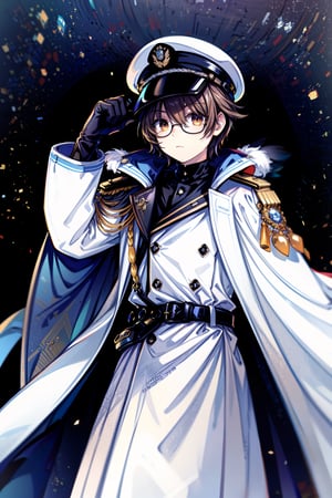 Hight Detailed, Hight Quality, Masterpiece,Beatifull,(Mediun long short),1boy,Adjusting gloves,adjusting gloves, twenty year old young man, brown hair with irregular fragment of white in the hair, brown amber eye color, tall, white Japanese military uniform, wears glasses, white captain's naval hat, white open trench coat, black belt, black shoes, space command center, detailed,