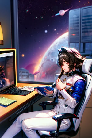  twenty year old space captain, brown hair, white locks of hair, sitting in an office, looking smarthphone in hand, bedroom , computer table, twenty year old space captain, brown hair, white irregular of hair, computer table,military_uniform Japanese navy,

