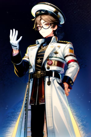 Hight Detailed, Hight Quality, Masterpiece,Beatifull,(Mediun long short),sole_male,Adjusting gloves,adjusting gloves,adult, twenty year old young man, brown hair with irregular fragment white, brown amber eye color, tall, white Japanese military uniform, wears glasses, white captain's naval hat, white open trench coat, black belt, black shoes, space command center, detailed,