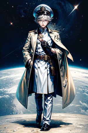 Hight Detailed, Hight Quality, Masterpiece,Beatifull,(Mediun long short),1boy,Adjusting gloves,adjusting gloves, twenty year old young man, brown hair with pieces of white hair in his hair, brown amber eye color, tall, white Japanese military uniform, wears glasses, white captain's naval hat, white open trench coat, black belt, black shoes, space command center, detailed,background in outer space,
