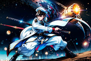 Hight Detailed, Hight Quality, Masterpiece,Beatifull,(Amercian short),sole_male,battoujutsu, futuristic katana, adult, twenty year old young man, brown hair with irregular fragment white, brown amber eye color, tall, white Japanese military uniform, wears glasses, white captain's naval hat, white open trench coat, black belt, black shoes, battleship, outer_space,