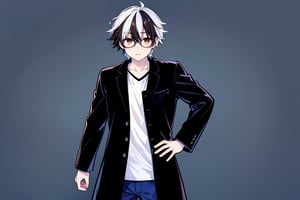 Hight Detailed, Hight Quality, Masterpiece,Beatifull,(Amercian short)solo, looking at viewer, simple background, brown hair, shirt, long sleeves, 1boy, brown eyes, standing, white shirt, white hair, male focus, multicolored hair, glasses, pants, virtual youtuber, grey background, streaked hair, coat, black jacket, hand on hip, black coat, blue pants