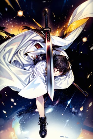 Hight Detailed, Hight Quality, Masterpiece,Beatifull,(Amercian short),sole_male,holding futuristic sword, adult, twenty year old young man, brown hair with irregular fragment white, brown amber eye color, tall, white Japanese military uniform, wears glasses, white captain's naval hat, white open trench coat, black belt, black shoes, battleship, outer_space, 
