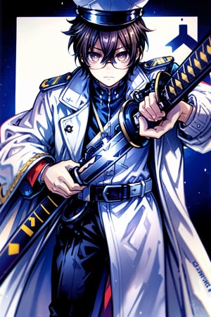 Hight Detailed, Hight Quality, Masterpiece,Beatifull,(Amercian short),sole_male,AKatanaMeme, futuristic katana, adult, twenty year old young man, brown hair with irregular fragment white, brown amber eye color, tall, white Japanese military uniform, wears glasses, white captain's naval hat, white open trench coat, black belt, black shoes, battleship, outer_space,swordup