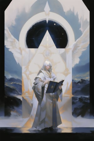 High quality, masterpiece, epic, 1 man, ((white wizard robe)), clerics attire, angel, short straight white hair, holding large tome in front of him, standing in front of portal to the cosmos, Wizard