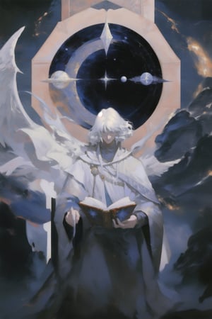 High quality, masterpiece, epic, 1 man, ((white wizard robe)), clerics attire, angel, short straight white hair, holding large tome in front of him, standing in front of portal to the cosmos, Wizard