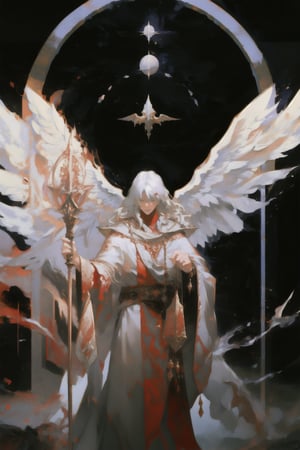 High quality, masterpiece, epic, 1 man, ((white and red wizard robe)), clerics attire, angel, short straight white hair, holding large tome in front of him, standing in front of portal to the cosmos, Wizard