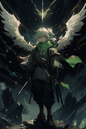 High quality, masterpiece, 1man, ((sole_male,)) pale green magic,green wings,white and green hair,ponytail,white eyes,((white ninja uniform,)),standing on ledge,((green scarf)),green theme,night sky,((angel_wings)),angel,nodf_lora