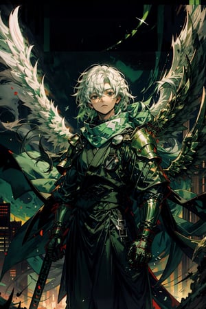 High quality, masterpiece, 1man, male, sole_male,  pale green magic,green wings,dual swords,white and green hair,long hair,black eyes,((white ninja uniform,)),standing outside of cathedral,((green scarf)),white city as a background,dual wielding,green theme,night sky,portrait,illustration, ((angel_wings)),angel,DonMF41ryW1ng5,nodf_lora