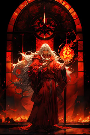 High quality, masterpiece, epic, 1 man, ((white robe)), ((red robe accents)), elven man, long straight hair, white hair, holding dark red fire in hands, standing in front of stained glass window, Wizard