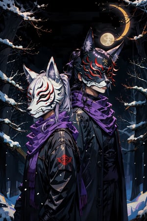 High quality, masterpiece, epic, 1 man, ((black fox mask)), ((black long coat,)) low ponytail, black ninja uniform, purple cloth, walking in empty snowy forest with moon above, ((long purple scarf)), fox ears, full_mask,nodf_lora