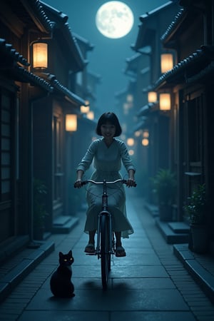 Prompt: Close up of a Japanese woman riding a old style bicycle through a narrow, quiet street at night. The happy woman wears a simple, flowing dress. The street is lined with traditional Japanese wooden buildings and hanging paper lanterns, casting soft shadows. The scene is illuminated by a bright, silvery moonlight filtering through, creating a mystical, serene atmosphere. In the corner, a small black cat with piercing eyes sits watching her quietly. The mood is tranquil and slightly magical. Soft lighting, deep blue tones, detailed shading, ethereal, cinematic composition.,