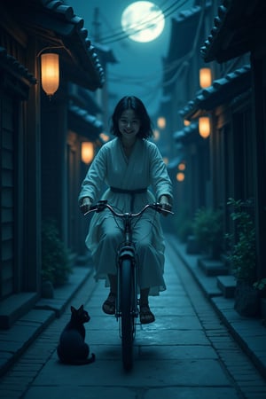 Prompt: Close up of a Japanese woman riding a old style bicycle through a narrow, quiet street at night. The happy woman wears a simple, flowing dress. The street is lined with traditional Japanese wooden buildings and hanging paper lanterns, casting soft shadows. The scene is illuminated by a bright, silvery moonlight filtering through, creating a mystical, serene atmosphere. In the corner, a small black cat with piercing eyes sits watching her quietly. The mood is tranquil and slightly magical. Soft lighting, deep blue tones, detailed shading, ethereal, cinematic composition.,