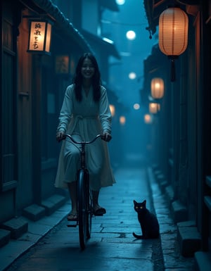 Prompt: Close up of a Japanese woman riding a old style bicycle through a narrow, quiet street at night. The happy woman wears a simple, flowing dress. The street is lined with traditional Japanese wooden buildings and hanging paper lanterns, casting soft shadows. The scene is illuminated by a bright, silvery moonlight filtering through, creating a mystical, serene atmosphere. In the corner, a small black cat with piercing eyes sits watching her quietly. The mood is tranquil and slightly magical. Soft lighting, deep blue tones, detailed shading, ethereal, cinematic composition.,