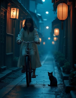 Close up of a Japanese woman riding a old style bicycle through a narrow, quiet street at night. The happy woman wears a simple, flowing dress. The street is lined with traditional Japanese wooden buildings and hanging paper lanterns, casting soft shadows. The scene is illuminated by a bright, silvery moonlight filtering through, creating a mystical, serene atmosphere. In the corner, a small black cat with piercing eyes sits watching her quietly. The mood is tranquil and slightly magical. Soft lighting, deep blue tones, detailed shading, ethereal, cinematic composition.