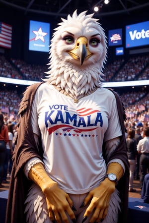 This is a highly detailed, digital artwork featuring a stylized anthropomorphic eagle standing at a Democratic convention. The eagle, a female, is anthropomorphized with human-like features and attire. She has a majestic, white head with a sharp yellow beak and piercing green eyes. Her feathers are intricately detailed, with a gradient from white at the crest to a darker, more ruffled texture around her neck and chest. Her entire body is covered in detailed white feathers. She has yellow eagle talons instead of hands. She wears T-Shirt that say "Vote Kamala", the red, white, and blue colors of which stand out against her white feathers. 