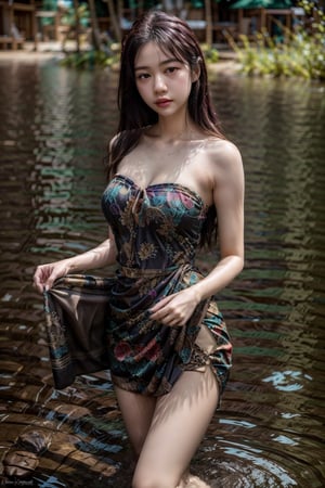 The image features a woman standing in a body of water, possibly a river or pond. She is wearing a colorful, patterned dress that reaches her mid-thigh. The dress appears to be made of a lightweight fabric, suitable for warm weather. The woman has long, dark hair and is looking down at her dress((strapless dress)), which is partially lifted, revealing her legs. Her expression is neutral, and she seems to be in a contemplative or relaxed state.
