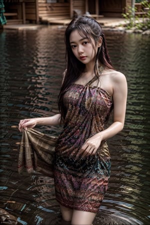 The image features a woman standing in a body of water, possibly a river or pond. She is wearing a colorful, patterned dress that reaches her mid-thigh. The dress appears to be made of a lightweight fabric, suitable for warm weather. The woman has long, dark hair and is looking down at her dress, which is partially lifted, revealing her legs. Her expression is neutral, and she seems to be in a contemplative or relaxed state.
