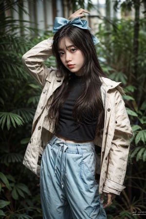 Honey,HoneyNwayOo,HanNiNwayOo,A young woman with long black hair, wearing a shirt, a jacket, and light blue pants with a bow.(poses:random) [Photorealistic portrait, inspired by the work of Peter Lindbergh and Annie Leibovitz, with a touch of naturalism reminiscent of Steve McCurry], [Shallow depth of field, 50mm lens, natural lighting, soft shadows, muted color palette, subtle grain, textured background, realistic rendering]
