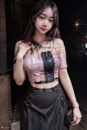 The person in the picture is a young woman with dark hair. She is wearing a pink off-the-shoulder top and black pants. Her pose suggests a casual, relaxed style.((one hand is holding lift skirt pose))
