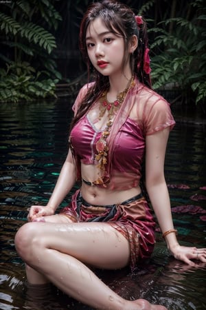 1girl, solo, long hair, black hair, jewelry,  bracelet,MyanmarTraditionalDress(rose pink),mmkytt,colorfull shirt,sheer_clothing,long_ponytail,realstic,photorealstic,4k,upper_body,SheeSheeMM,wet,a river or pond,sitting