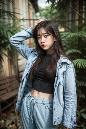 Honey,HoneyNwayOo,HanNiNwayOo,A young woman with long black hair, wearing a shirt, a jacket, and light blue pants with a bow.(poses:random) [Photorealistic portrait, inspired by the work of Peter Lindbergh and Annie Leibovitz, with a touch of naturalism reminiscent of Steve McCurry], [Shallow depth of field, 50mm lens, natural lighting, soft shadows, muted color palette, subtle grain, textured background, realistic rendering]
