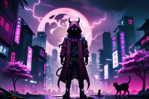 Cyberpunk City, human shaped shadow, two knives, standing in the middle and a moon behind him, hood, horns, add hood color: dark red, Sakura Tree, Purple background, buildings with neon lights, a black cat, HD, pink pupils, electric storm