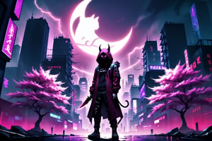 cyberpunk city, human shaped shadow, two knives, standing in the middle and a moon behind him, hood, horns, add hood color: dark red, Sakura Tree, Purple background, buildings with neon lights, a white cat, HD, pink pupils, electric storm