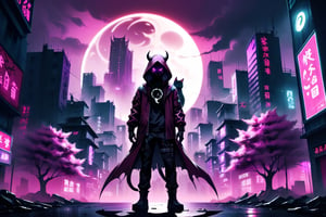 cyberpunk city, human shaped shadow, two knives, standing in the middle and a moon behind him, hood, horns, add hood color: dark red, Sakura Tree, Purple background, buildings with neon lights, a white cat, HD, pink pupils, electric storm