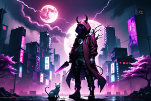 cyberpunk city, human shaped shadow, two knives, standing in the middle and a moon behind him, hood, horns, add hood color: dark red, Sakura Tree, Purple background, buildings with neon lights, a white cat, HD, pink pupils, electric storm