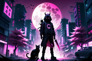 Cyberpunk City, human boy shaped shadow, two knives, standing in the middle and a moon behind him, hood, horns, add hood color: dark red, Sakura Tree, Purple background, buildings with neon lights, a black cat, HD, pink pupils