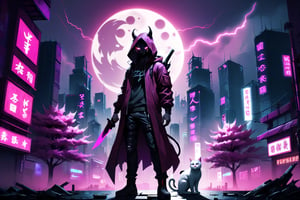 cyberpunk city, human shaped shadow, two knives, standing in the middle and a moon behind him, hood, horns, add hood color: dark red, Sakura Tree, Purple background, buildings with neon lights, a white cat, HD, pink pupils, electric storm