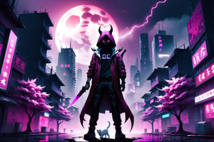 cyberpunk city, human shaped shadow, two knives, standing in the middle and a moon behind him, hood, horns, add hood color: dark red, Sakura Tree, Purple background, buildings with neon lights, a white cat, HD, pink pupils, electric storm