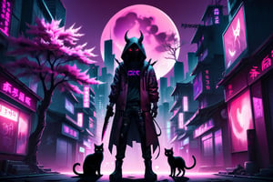 Cyberpunk City, human shaped shadow, two knives, standing in the middle and a moon behind him, hood, horns, add hood color: dark red, Sakura Tree, Purple background, buildings with neon lights, a black cat, HD, pink pupils