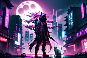 cyberpunk city, human shaped shadow, two knives, standing in the middle and a moon behind him, hood, horns, add hood color: dark red, Sakura Tree, Purple background, buildings with neon lights, a white cat, HD, pink pupils, electric storm