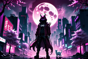 cyberpunk city, human shaped shadow, two knives, standing in the middle and a moon behind him, hood, horns, add hood color: dark red, Sakura Tree, Purple background, buildings with neon lights, a white cat, HD, pink pupils, electric storm