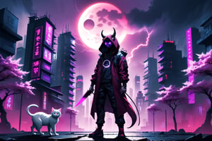 cyberpunk city, human shaped shadow, two knives, standing in the middle and a moon behind him, hood, horns, add hood color: dark red, Sakura Tree, Purple background, buildings with neon lights, a white cat, HD, pink pupils, electric storm,
meditation ohm pose