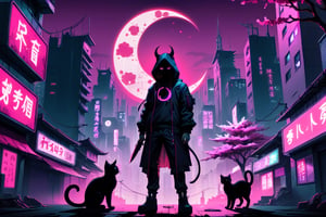 Cyberpunk City, human shaped shadow, two knives in hands, standing in the middle and a moon behind him, hood, horns, add hood color: dark red, , Sakura Tree, Purple background, buildings with neon lights, a black cat, HD, pink pupils, with a pink neon outline