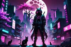 Cyberpunk City, human shaped shadow, two knives, standing in the middle and a moon behind him, hood, horns, add hood color: dark red, Sakura Tree, Purple background, buildings with neon lights, a black cat, HD, pink pupils