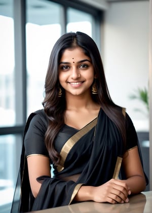 lovely cute young attractive indian teenage girl in a black saree,  smile, 23 years old, cute, an Instagram model, long straight hair, black hair, winter, sitting in office infrount of lage table, Indian, 